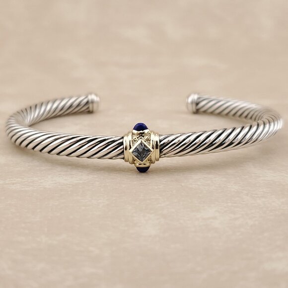 David Yurman Cable Bracelet in Sterling Silver  & 14K Gold w Blue Topaz & Lazuli - Picture 1 of 8
